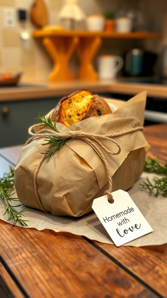 Homemade Bread Gift Wrapping Ideas A loaf of homemade bread wrapped in parchment paper with twine, decorated with rosemary and a tag, on a wooden table.